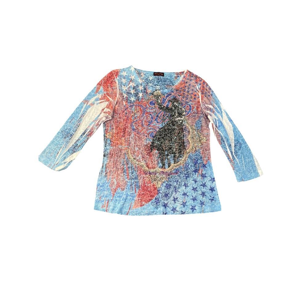 Flower N Ring Women’s Y2K Rodeo 3/4 Sleeve Crystal Embellished Medium Top